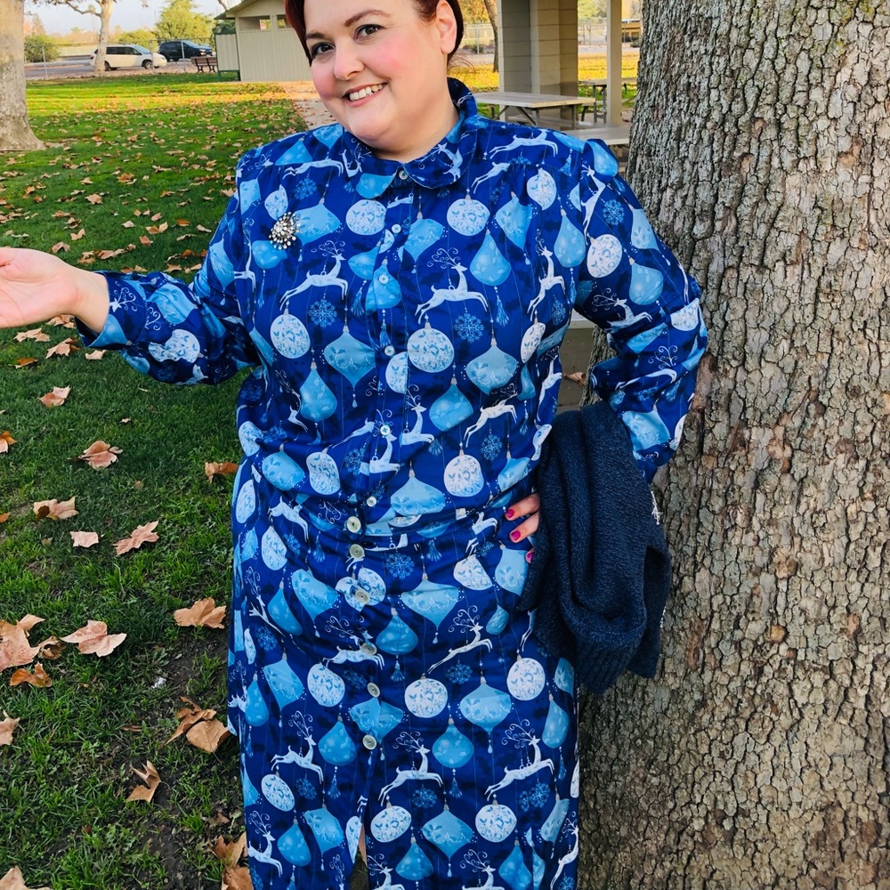 Blue, Christmas Bauble Blouse Set, 2X